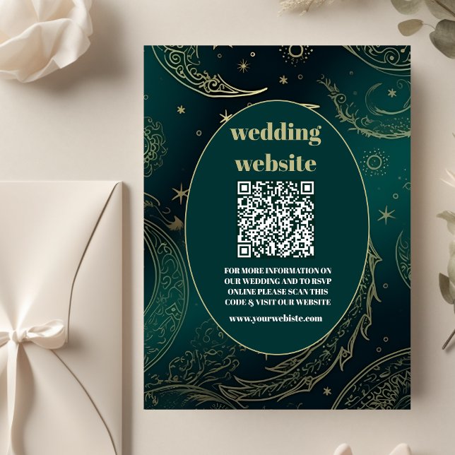 qr code Emerald Green Gold Celestial  Wedding Enclosure Card (Creator Uploaded)