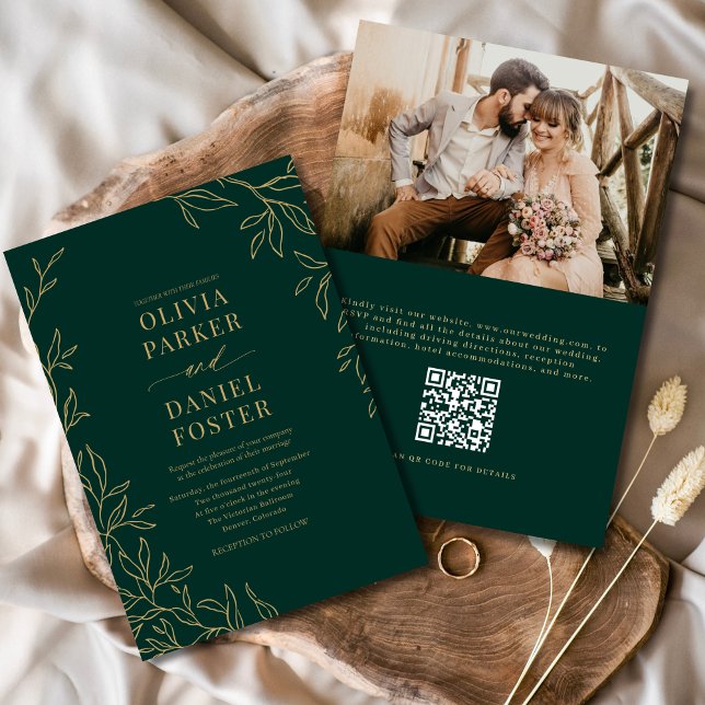 QR Code Emerald Green Gold Photo Wedding Invitation (Creator Uploaded)