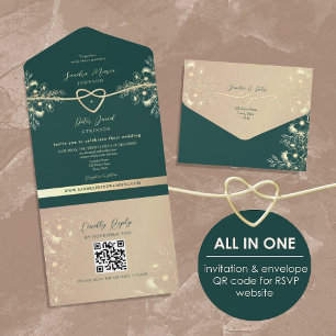 QR Code Emerald Green Gold Wedding All In One Invitation