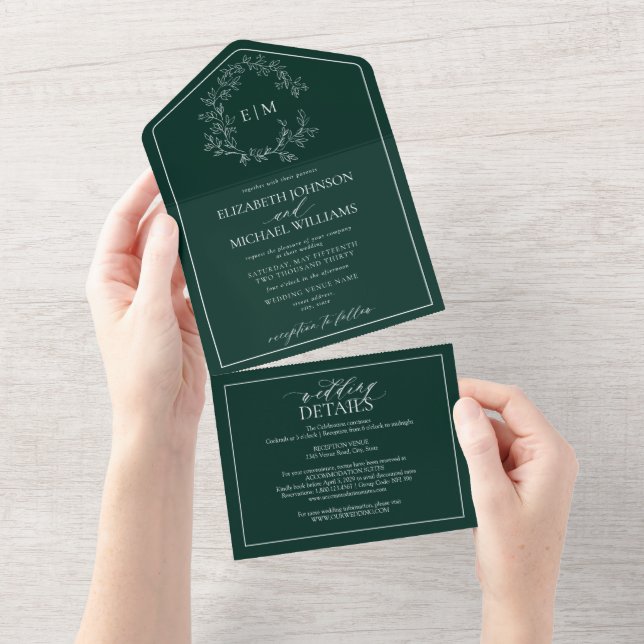 QR Code Emerald Green Leafy Crest Monogram All In One Invitation (Tearaway)