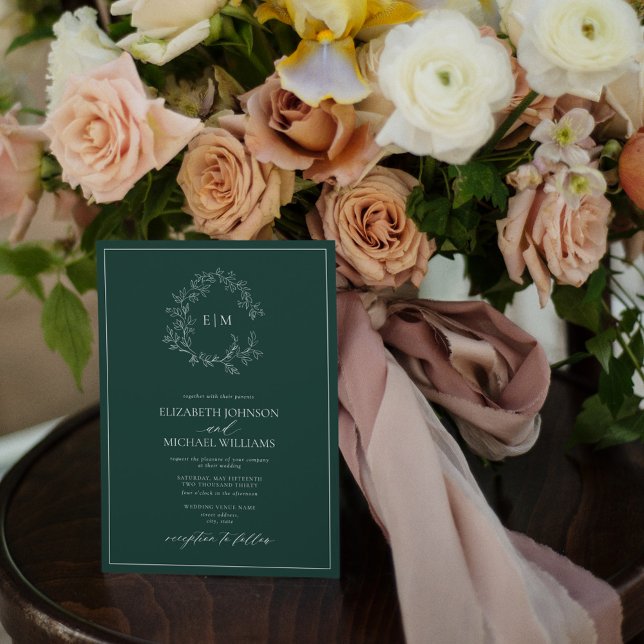 QR Code Emerald Green Leafy Crest Monogram Wedding Invitation (Creator Uploaded)