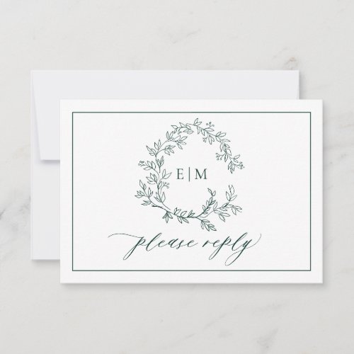 QR Code Emerald Green Leafy Crest Monogram Wedding RSVP Card