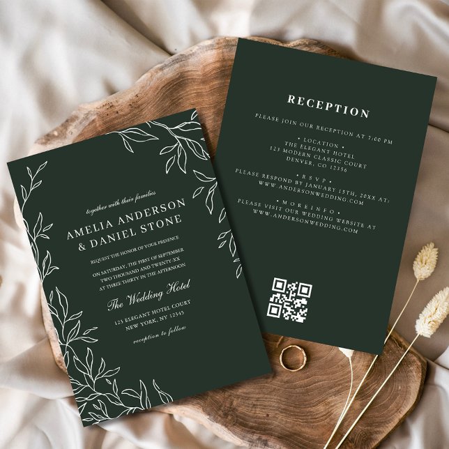 QR Code Emerald Green Minimal Leaf Wedding  Invitation (Creator Uploaded)