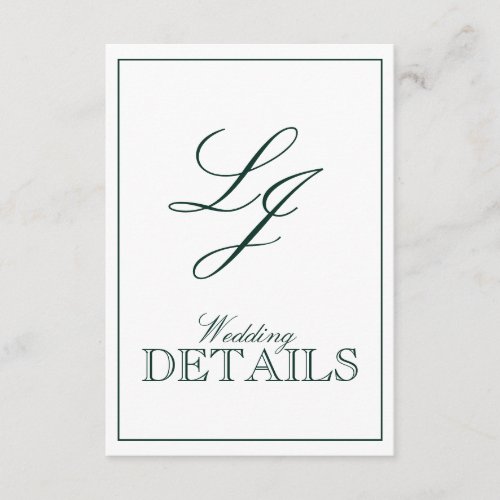 QR Code Emerald Green Monogram Wedding Details Enclosure Card