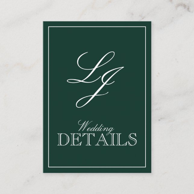 QR Code Emerald Green Monogram Wedding Details Enclosure Card (Front)