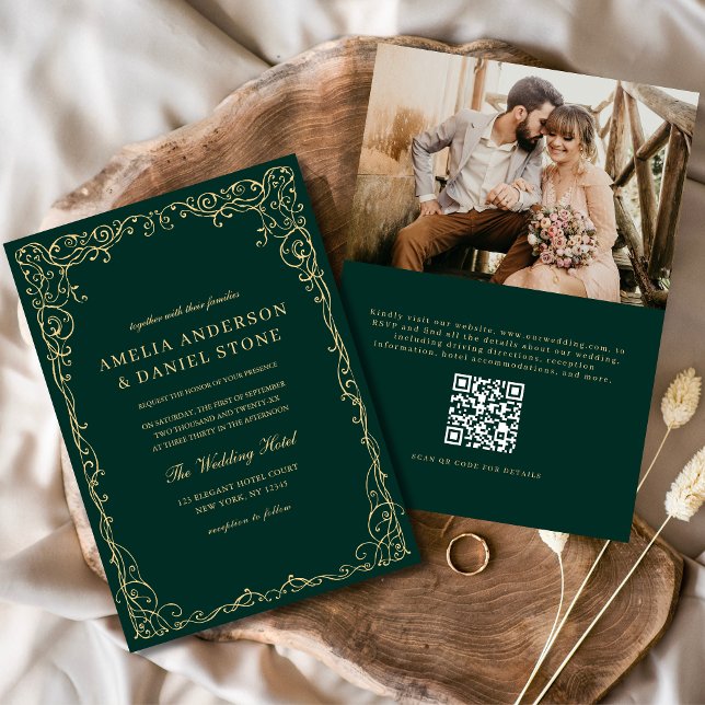 QR Code Emerald Green Photo Minimalist Wedding Invitation (Creator Uploaded)