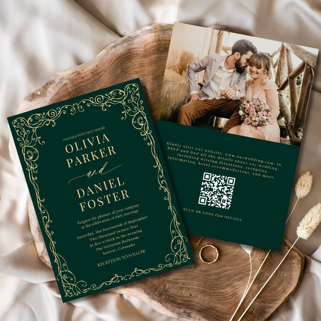 QR Code Emerald Green Photo Minimalist Wedding Invitation (Creator Uploaded)