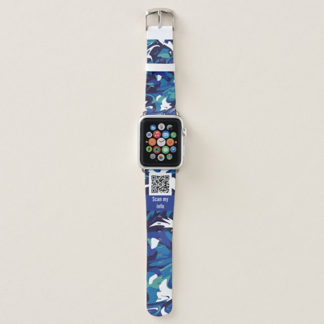 QR Code Emergency Alert Blue Liquid Art Pattern  Apple Watch Band (Front)
