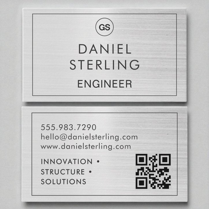 QR Code Engineer Brushed Silver Monogram Business Card