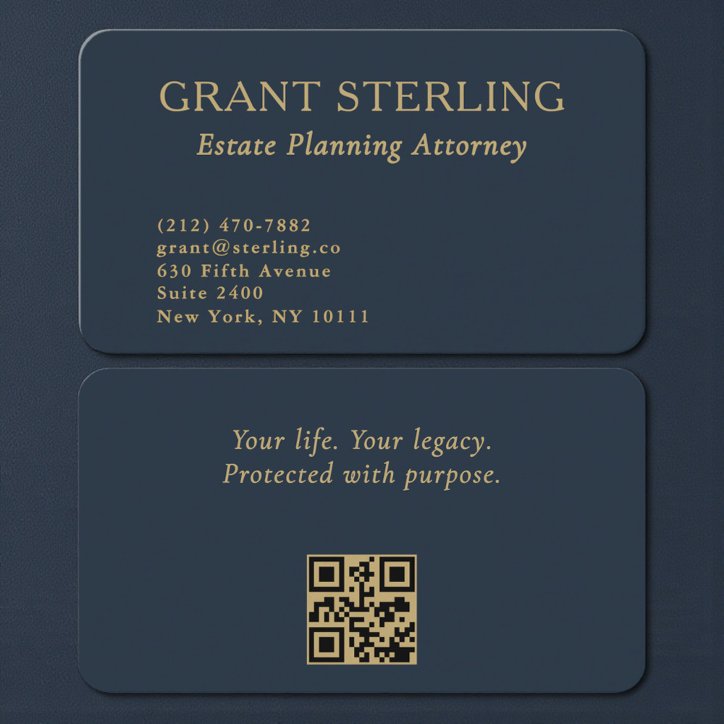 QR Code Estate Planning Attorney Navy Blue Gold Business Card
