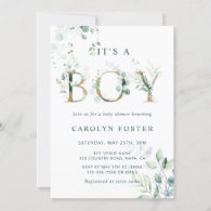 QR Code Eucalyptus Gold Letter Boy Baby Shower     Invitation