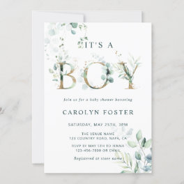 QR Code Eucalyptus Gold Letter Boy Baby Shower Invitation
