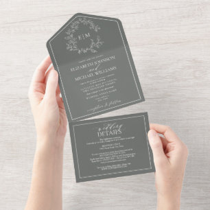 QR Code Eucalyptus Green Leafy Crest Monogram All In One Invitation