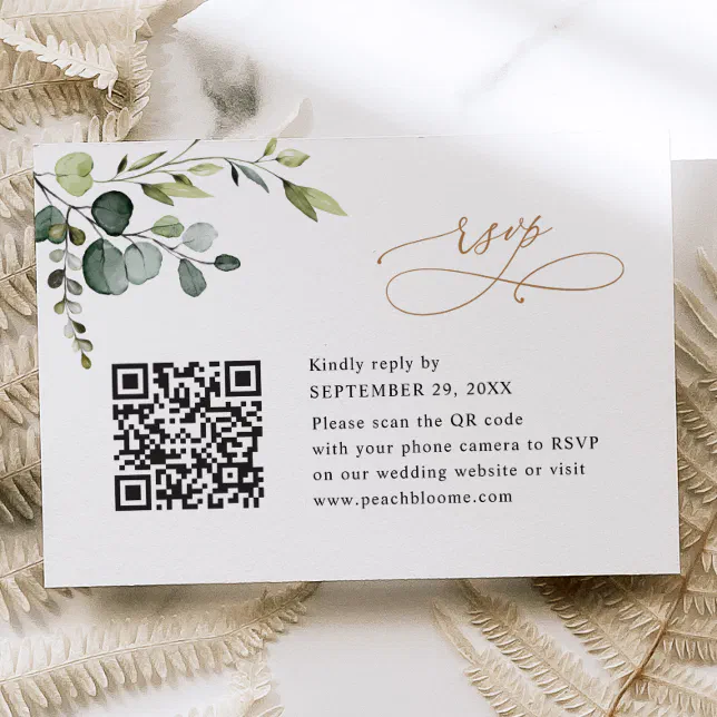 Qr Code Eucalyptus Greenery Gold Wedding Rsvp Card Zazzle