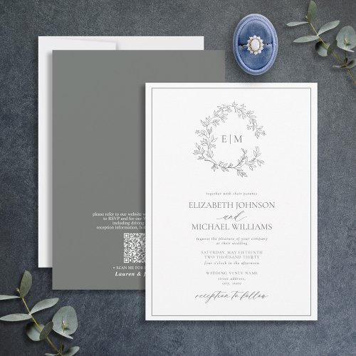 QR Code Eucalyptus Leafy Crest Monogram Wedding Invitation