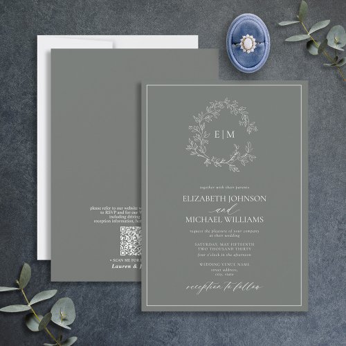QR Code Eucalyptus Leafy Crest Monogram Wedding Invitation