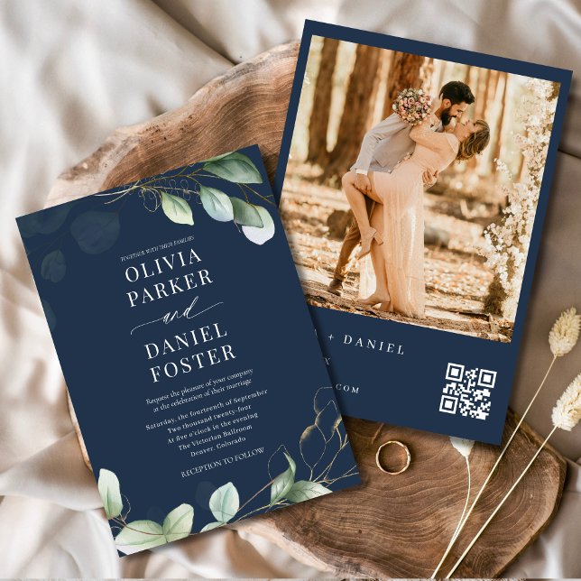 QR Code Eucalyptus Navy Blue Photo Wedding Invitation (Creator Uploaded)
