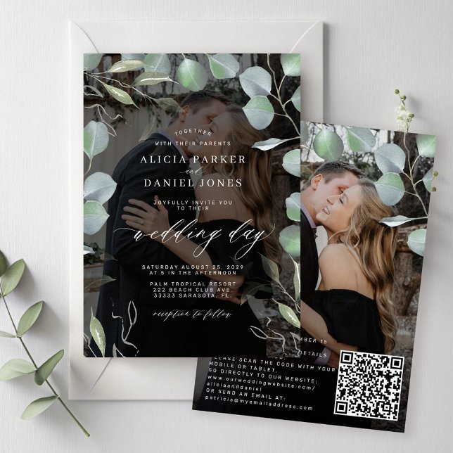 QR CODE eucalyptus photo overlay black wedding Invitation (Creator Uploaded)