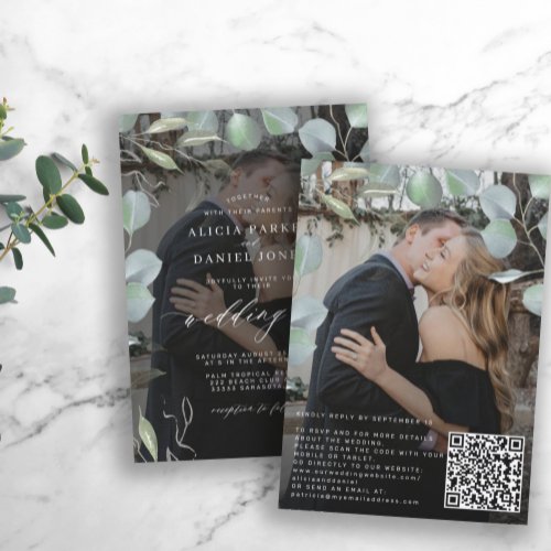 QR CODE eucalyptus photo overlay black wedding Invitation