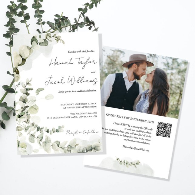 QR Code Eucalyptus Photo Wedding Invitation (eucalyptus photo qr code wedding invitation)