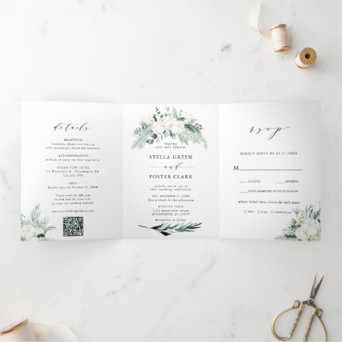 QR Code Evergreen  Cotton Flower Bouquet Wedding Tri_Fold Invitation