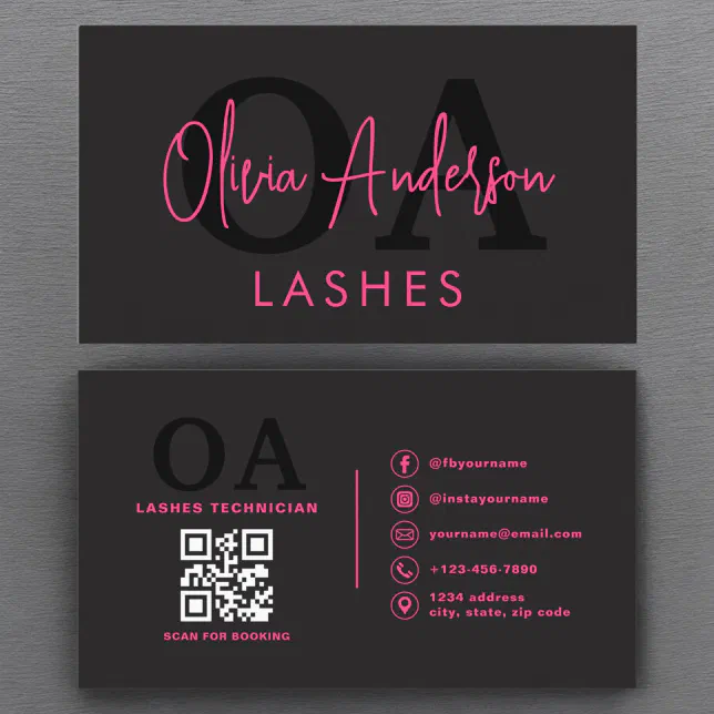 QR Code Eye Lashes Technician Hot Pink Black Business Card | Zazzle