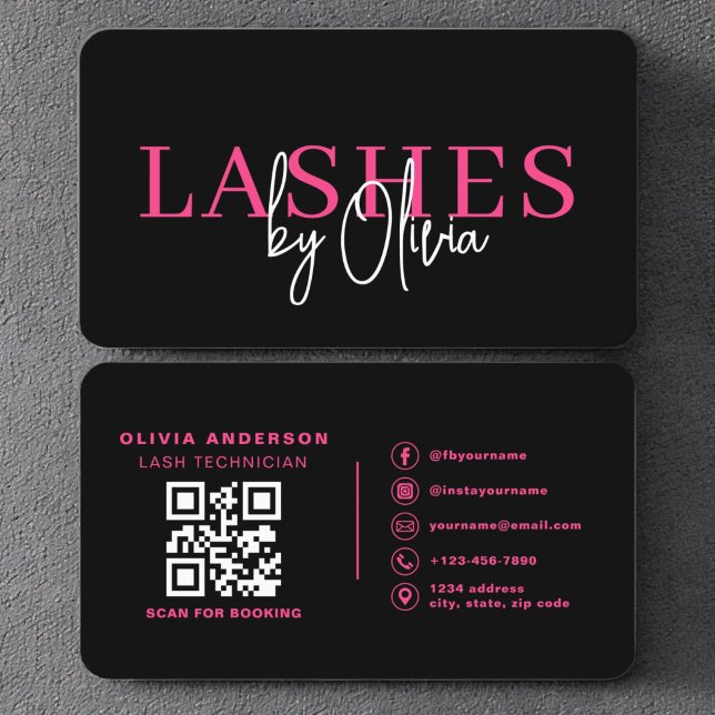 QR Code Eye Lashes Technician Hot Pink Black Business Card (Creator Uploaded)