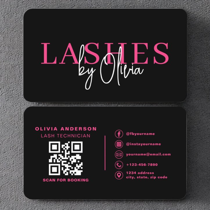 QR Code Eye Lashes Technician Hot Pink Black Business Card