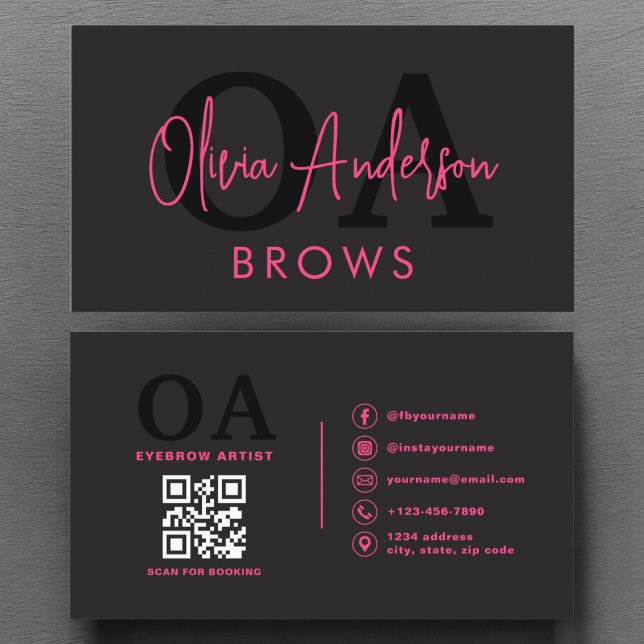 QR Code Eyebrows Brows Artist Hot Pink Black Business Card (Creator Uploaded)