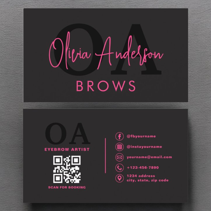 QR Code Eyebrows Brows Artist Hot Pink Black Business Card