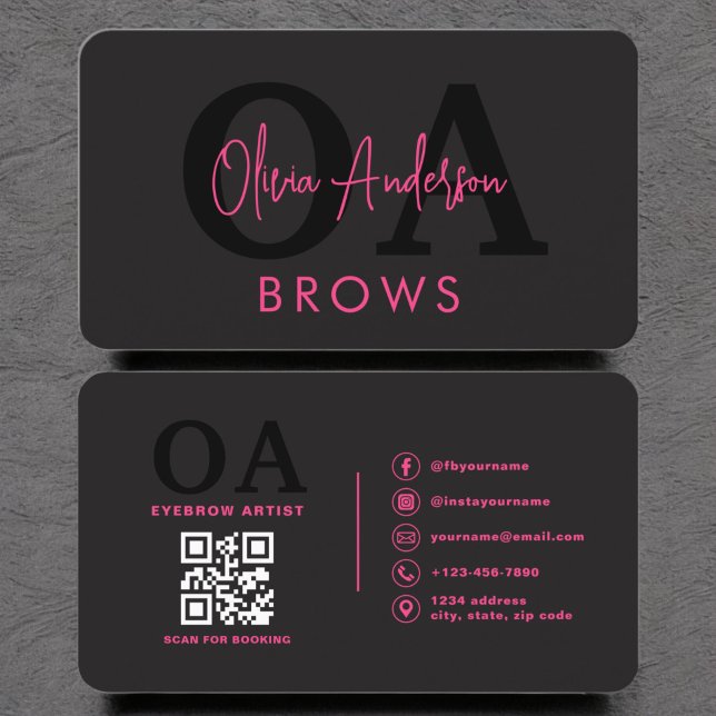 QR Code Eyebrows Brows Artist Hot Pink Black Business Card (Creator Uploaded)