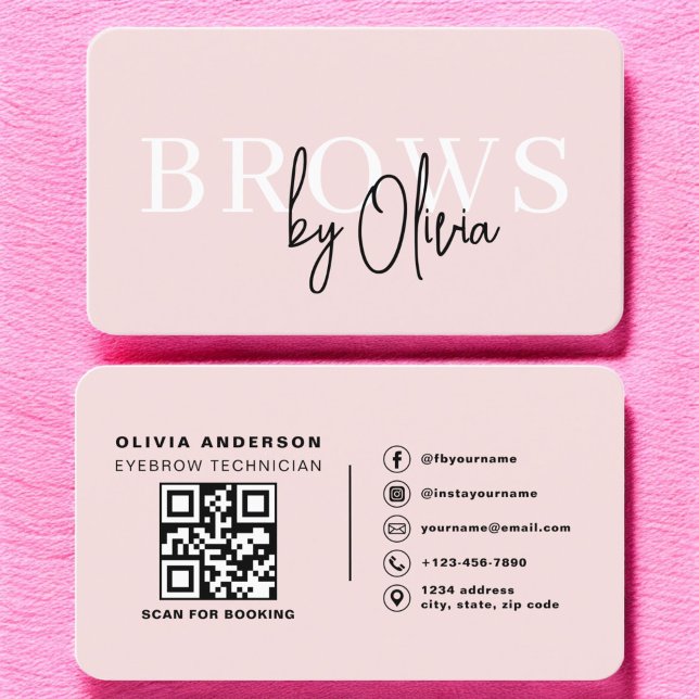 QR Code Eyebrows Brows Technician Blush Pink Business Card (Creator Uploaded)