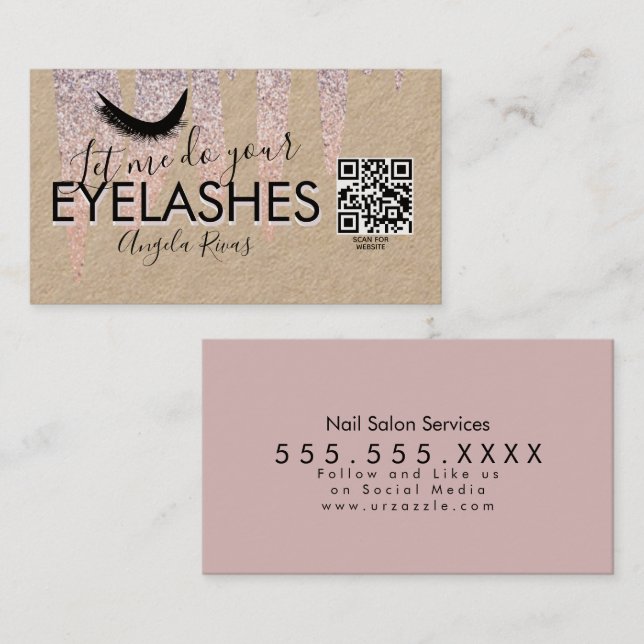 QR CODE Eyelashes Pink Glitter Dripping Rustic  Business Card (Front/Back)
