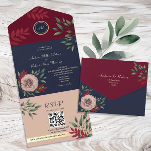 QR Code Fall Burgundy Navy Wedding All In One Invitation