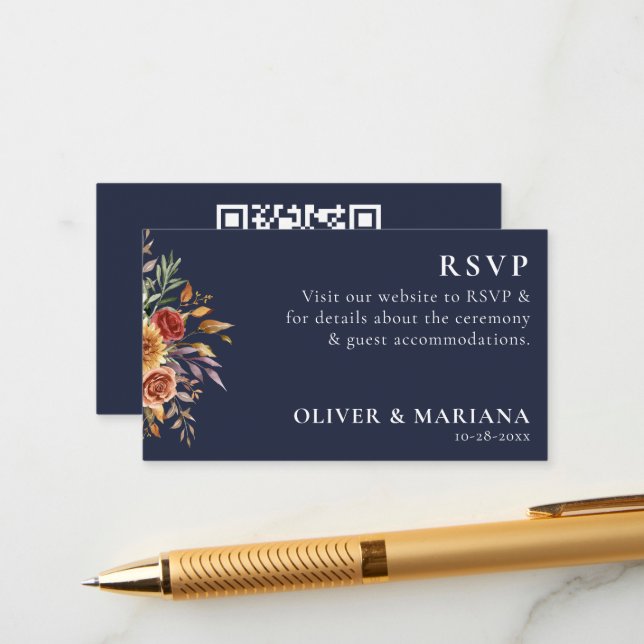 QR Code Fall Foliage Floral Navy Blue Wedding Enclosure Card (Front/Back In Situ)