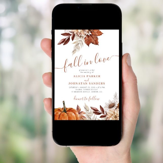 QR code Fall in Love botanical pumpkin wedding Invitation (Front Digital)