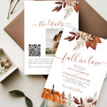 QR code Fall in Love botanical pumpkin wedding Invitation<br><div class="desc">Modern rustic watercolor botanical flowers,  pumpkin,  foliage,  and dried leaves making a chic autumn budget all in one wedding invitation with a trendy handwriting calligraphy script and earthy terracotta beige color palette.                  Personalize it with your photo and QR code to your website or to RSVP online.</div>