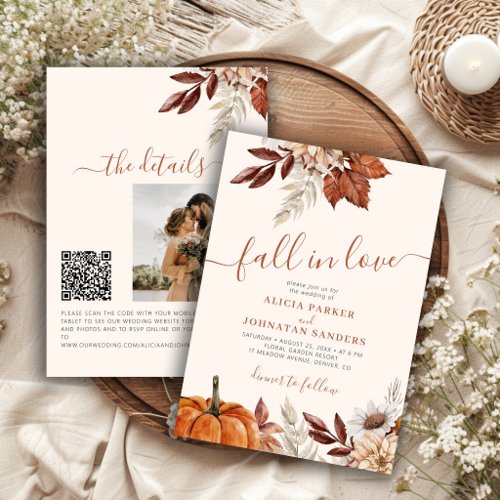 QR code Fall in Love botanical pumpkin wedding Invitation