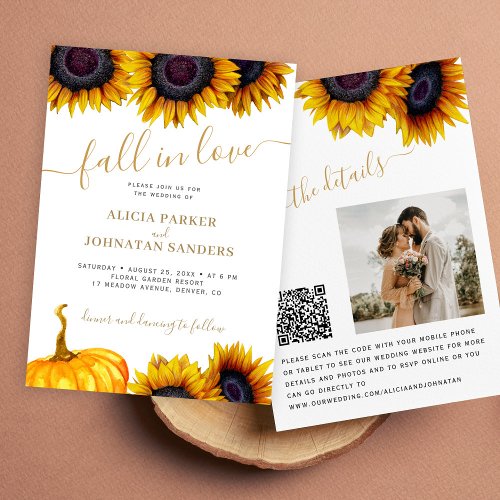 QR code Fall in Love sunflower wedding details  Invitation