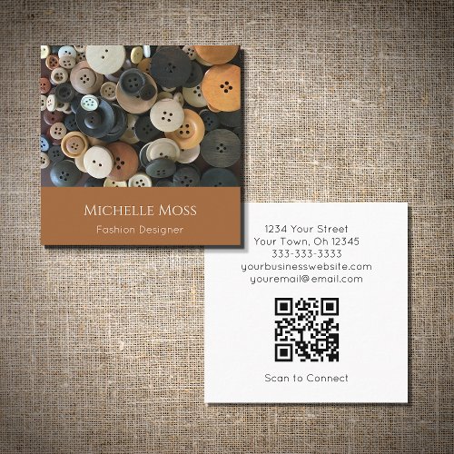 QR code Fashion Designer Sewing Buttons Terracotta Square Business Card