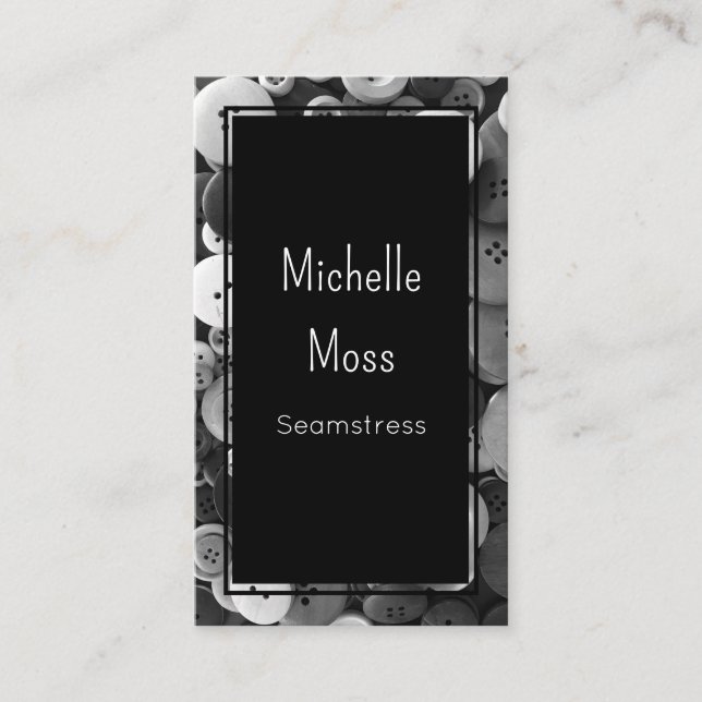QR code Fashion Seamstress Buttons Classic Black Business Card (Front)