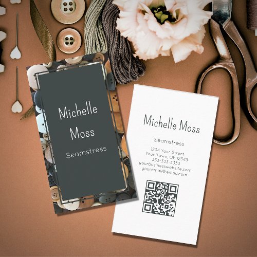 QR code Fashion Seamstress Buttons Classic Gray Business Card