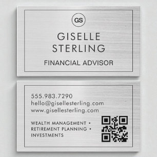 QR Code Financial Advisor Brushed Silver Monogram  Business Card