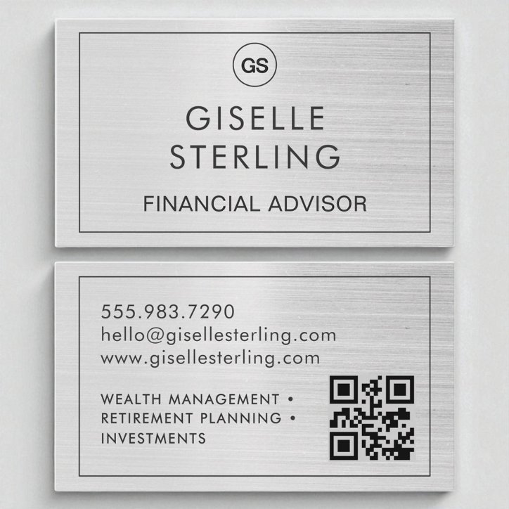 QR Code Financial Advisor Brushed Silver Monogram Business Card