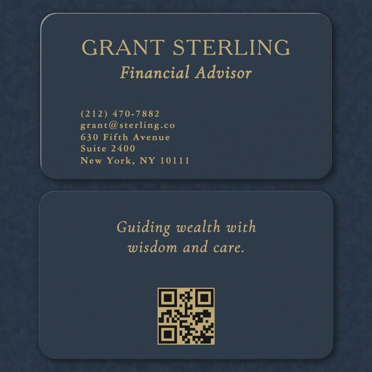 QR Code Financial Advisor Minimal Navy Blue Gold Business Card