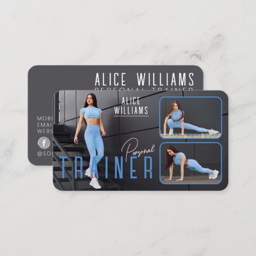 QR Code Fitness Blue  Gray Personal Trainer Photo Business Card