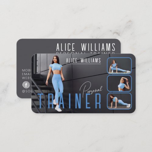 QR Code Fitness Blue  Gray Personal Trainer Photo Business Card