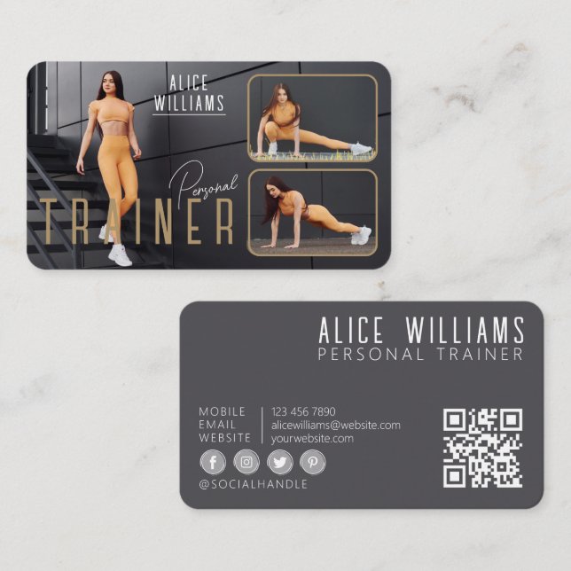 QR Code Fitness Gold & Gray Personal Trainer Photo Business Card (Front/Back)