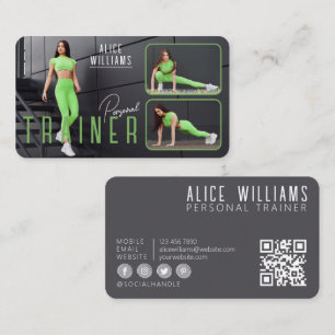 QR Code Fitness Green Gray Personal Trainer Photo Business Card