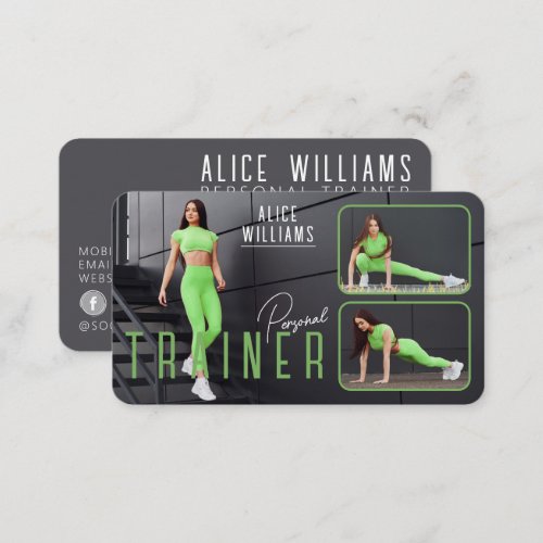 QR Code Fitness Green Gray Personal Trainer Photo Business Card